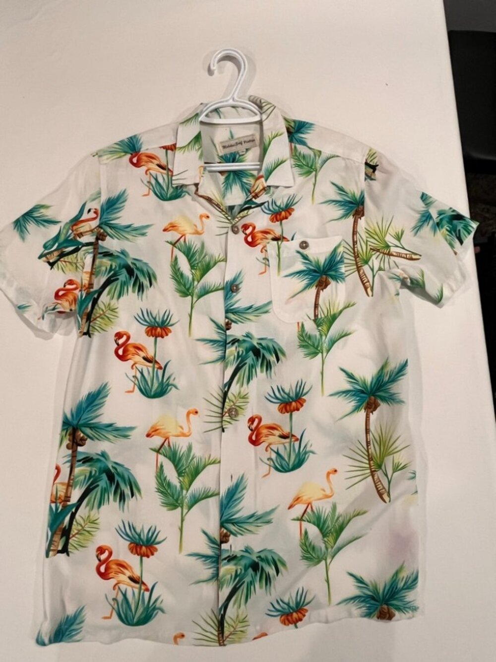 Molokai Surf Vintage Hawaiian Shirt Mens Medium White Flamingo Palm Tree Aloha